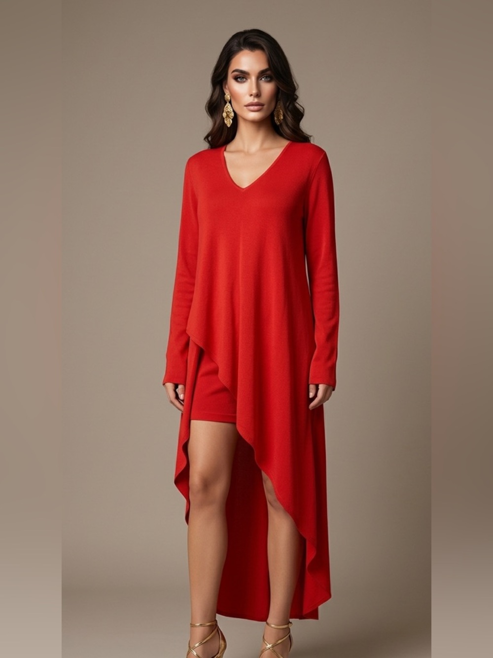 BCBGMaxAzria Red V‑Neck High‑Low Draped Dress